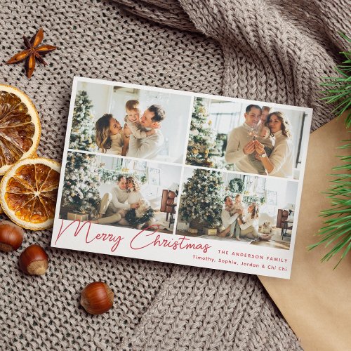 Modern Red Merry Christmas Four Photo Collage  Holiday Card
