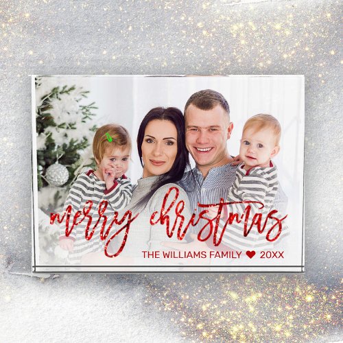 Modern Red Merry Christmas Glitter Script Family Photo Block