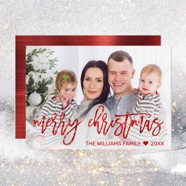 Modern Red Merry Christmas Glitter Script Photo Holiday Card (Creator Uploaded)