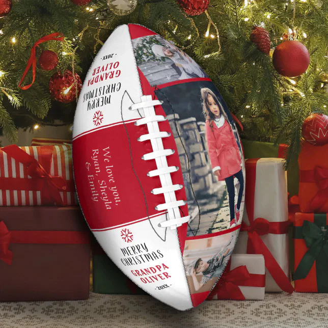 Modern Red Merry Christmas Grandpa Photo Collage Football
