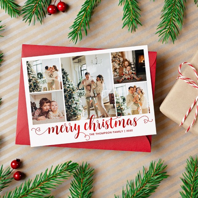 Modern Red Merry Christmas Heart Script 5 Photo Holiday Card (Creator Uploaded)
