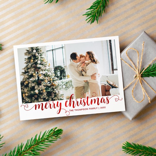 Modern Red Merry Christmas Heart Script Photo Holiday Card (Creator Uploaded)