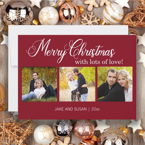 Modern Red Merry Christmas Love Year 3 Photo Holiday Card