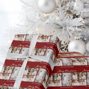 Modern Red Merry Christmas Photo Collage Wrapping Paper