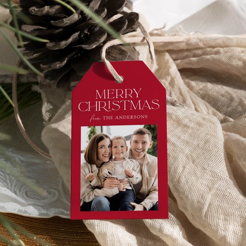 Modern Red Merry Christmas Photo Gift Tags