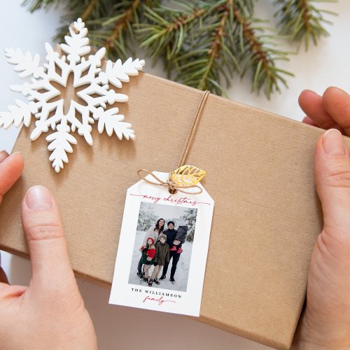 Modern Red Merry Christmas Photo  Gift Tags