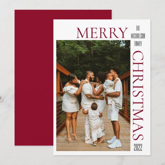 Modern Red Merry Christmas Photo Holiday Card (Front/Back)