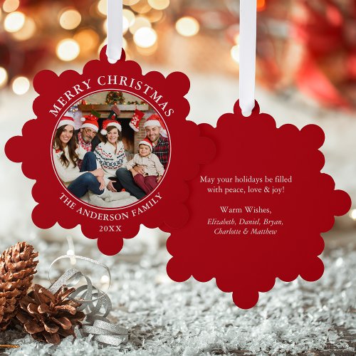 Modern Red Merry Christmas Photo Ornament Card