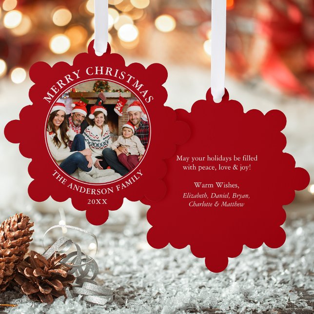 Modern Red Merry Christmas Photo Ornament Card (A greeting card that is also an ornament! Customize with your photo and personalized text.)