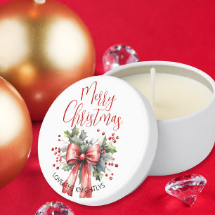 Modern Red Merry Christmas Script Bow Holly Mini Candle Favors
