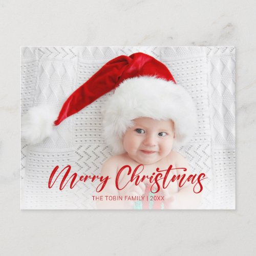 Modern Red Merry Christmas Script Photo Postcard