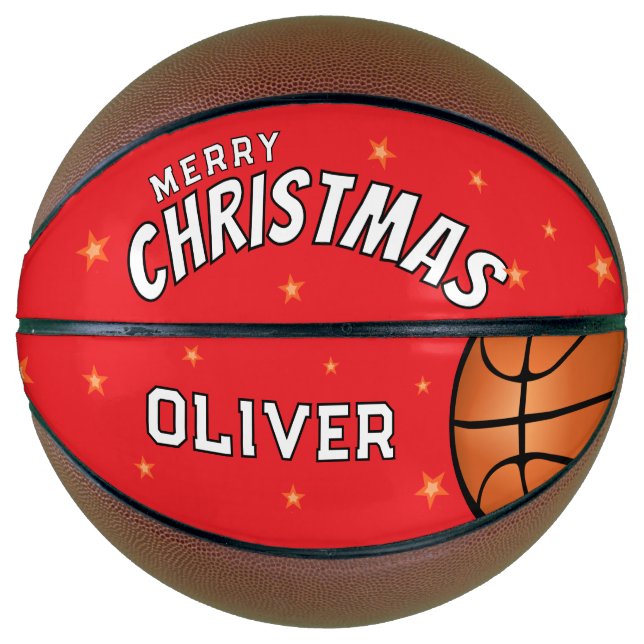 Modern Red Merry Christmas Stars Keepsake Basketball (Front)