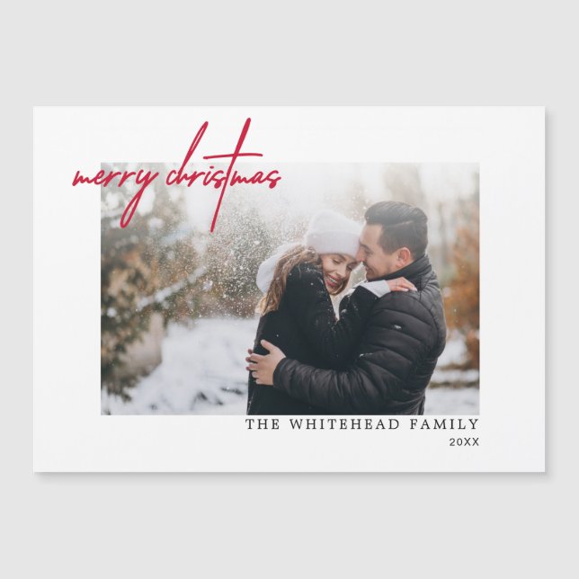 Modern Red Merry Christmas White Magnetic Card (Front)