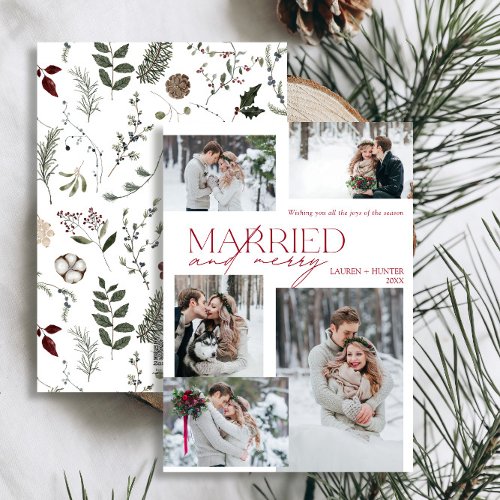 Modern Red Merry  Married Photo Newlywed Holiday Card