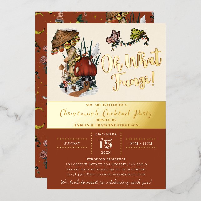 Modern Red Merry Mushroom Christmas Holiday Party  Foil Invitation (Front/Back)