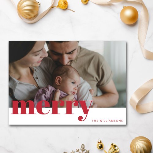 Modern Red Merry Typography Family Photo Christmas Holiday Card