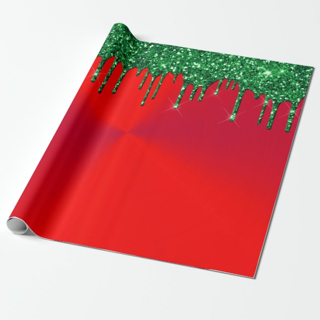 Modern Red Metal Green Glitter Drips Wrapping Paper (Unrolled)