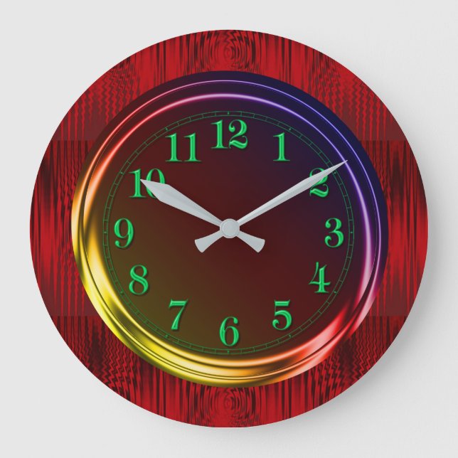 Modern Red Metallic, Rainbow Neon Glow Large Clock (Front)
