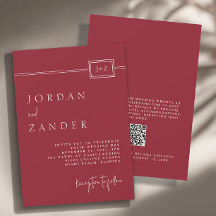 Modern Red Minimalist Monogram Wedding QR Code Invitation