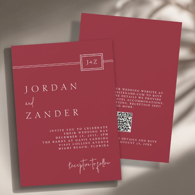 Modern Red Minimalist Monogram Wedding QR Code Invitation (Available in both printed and instant download digital formats.)