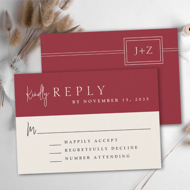 Modern Red Minimalist Monogram Wedding RSVP Card (Creator Uploaded)
