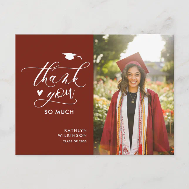 Modern Red Minimalist Photo Graduation Thank You Postcard | Zazzle