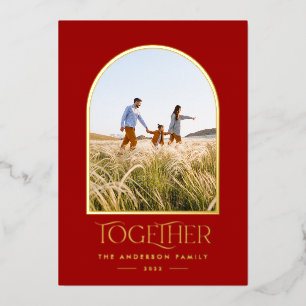 Modern red modern minimal arch photo together foil foil holiday card