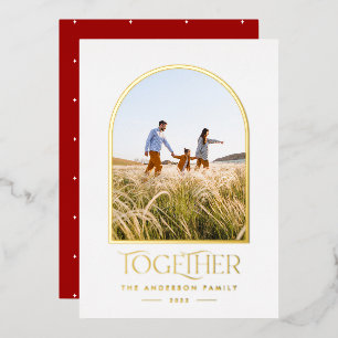 Modern red modern minimal arch photo together foil holiday card