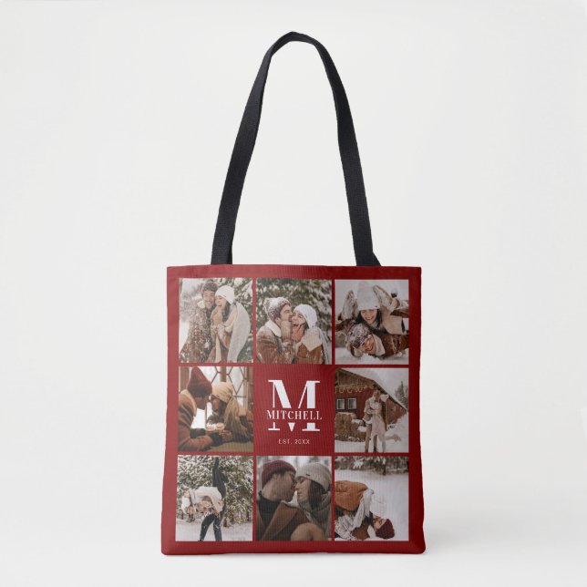 Modern Red Monogram and Photo Collage Personalized Tote Bag (Front)