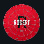 Modern red monogram name dart board<br><div class="desc">Modern red dart board with a white name and black monogram. Personalize with name and initial.</div>