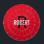 Modern red monogram name dart board<br><div class="desc">Modern red dart board with a white name and black monogram. Personalize with name and initial.</div>