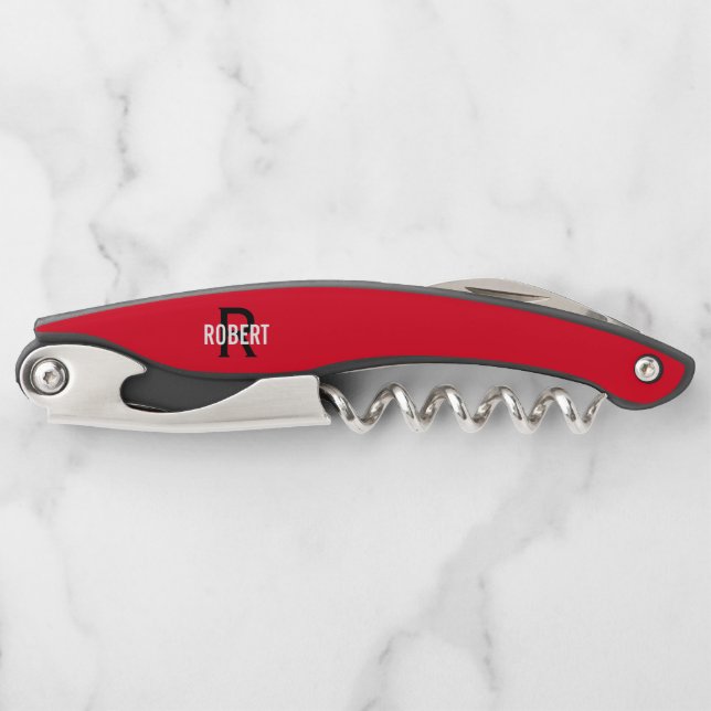 Modern red monogram name   waiter's corkscrew (Front)