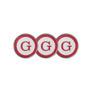 Modern Red Monogram on White with Circle Border Golf Ball Marker