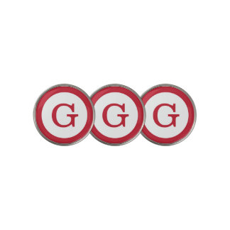 Modern Red Monogram on White with Circle Border Golf Ball Marker