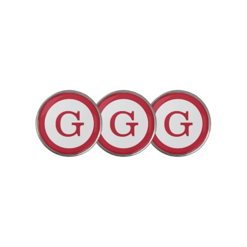 Modern Red Monogram on White with Circle Border Golf Ball Marker