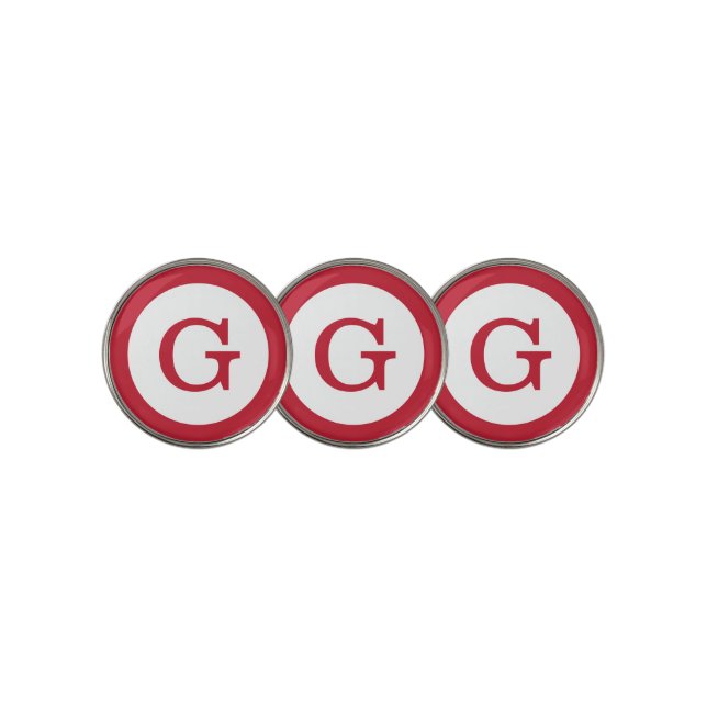 Modern Red Monogram on White with Circle Border Golf Ball Marker (3 Up)