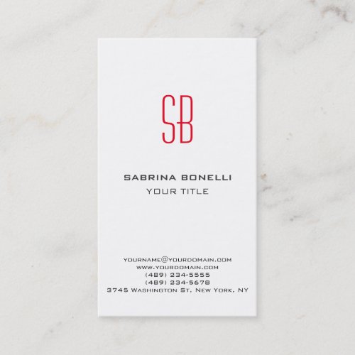 Modern Red Monogram White Profession Business Card