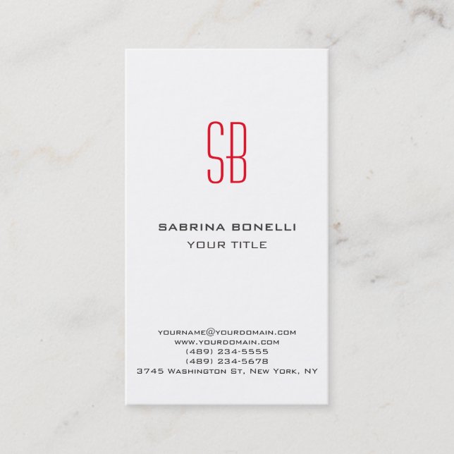 Modern Red Monogram White Profession Business Card (Front)