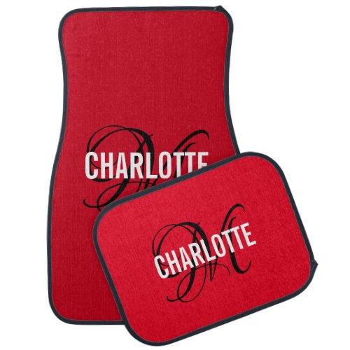 Modern red monogrammed car floor mat