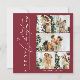 Modern Red Multi Photo Merry Christmas Script Holiday Card