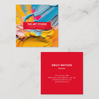 Modern Red Name Artwork Artist Art Studio Square Business Card