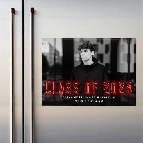 Modern Red Neon Class of 2024 Photo Graduation Magnetic Invitation