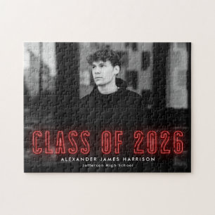 Modern Red Neon Class of 2026 Photo Graduation Jigsaw Puzzle