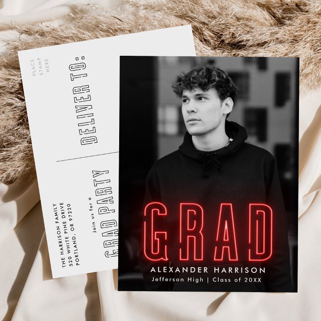 Modern Red Neon Photo Graduation Party Invitation Postcard (Creator Uploaded)