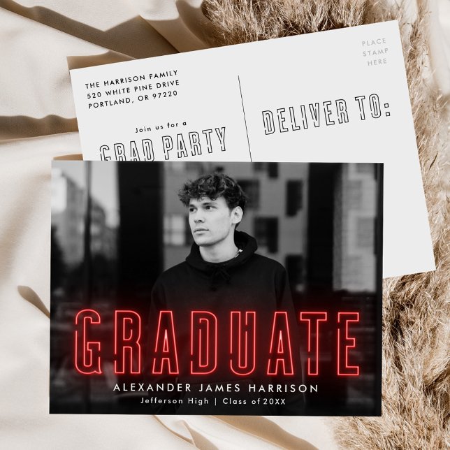 Modern Red Neon Photo Graduation Party Invitation Postcard (Creator Uploaded)