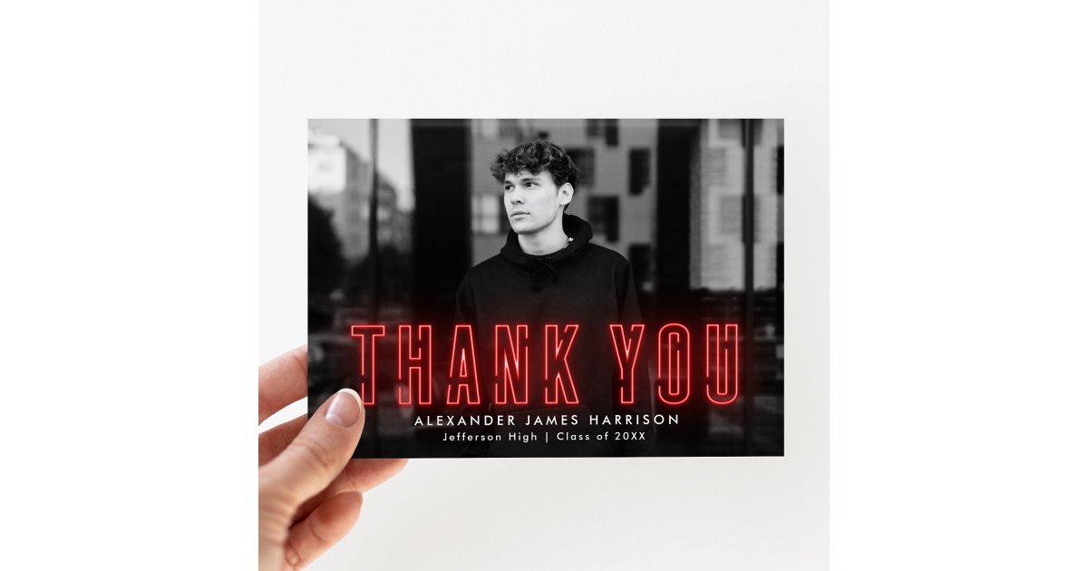 Modern Red Neon Photo Graduation Thank You Card | Zazzle