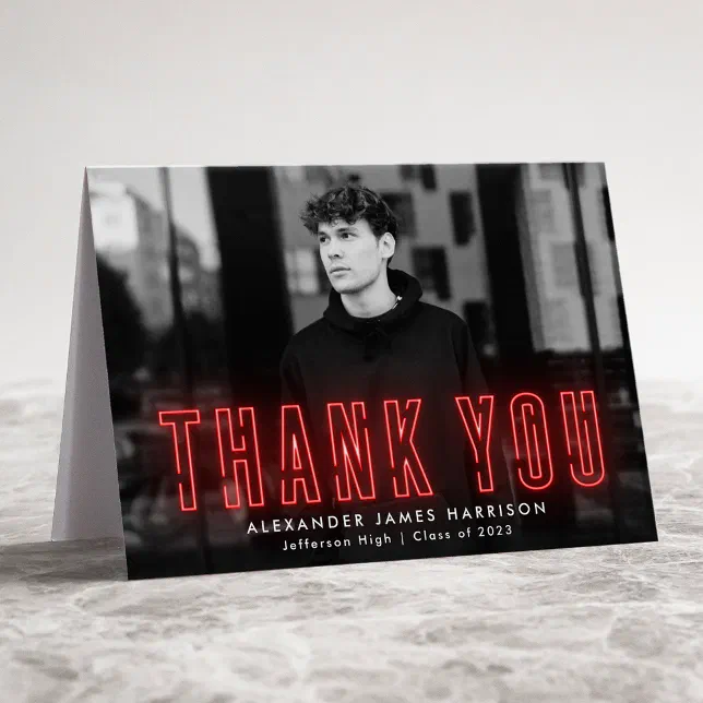 Modern Red Neon Photo Graduation Thank You Card | Zazzle
