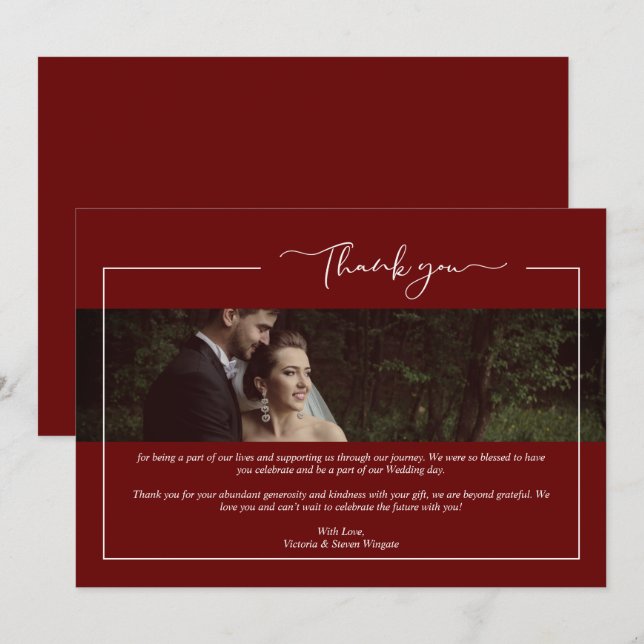 Modern Red Newlyweds Wimshical Calligraphy Thank You Card (Front/Back)
