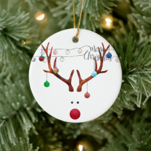 Modern Red Nosed Reindeer Colorful Lights Ceramic Ornament