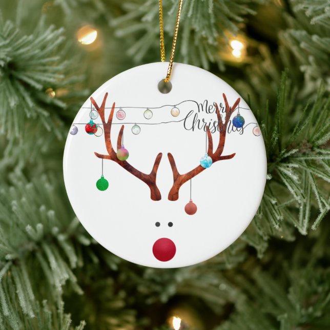 Modern Red Nosed Reindeer Colorful Lights Ceramic Ornament (Tree)
